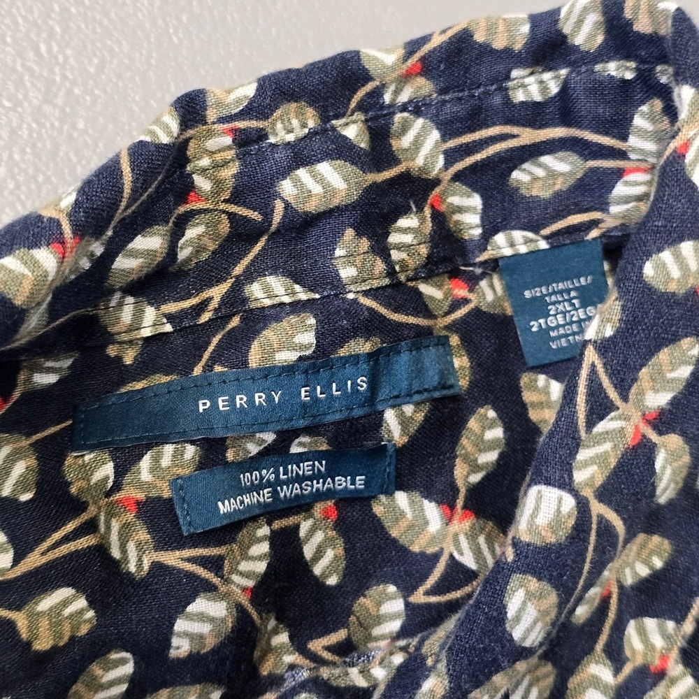 Perry Ellis 100% Linen Shirt Mens 2XL Blue Floral Button Up Short Sleeve Casual - Picture 5 of 10